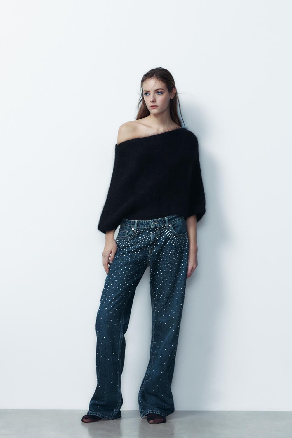 

Свободные джинсы trf oversize со стразами и средней посадкой ZARA, синий