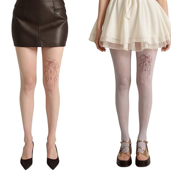 

2 пары женских полупрозрачных колготок с декоративным бантом и принтом на бедре, мягкие и эластичные Anna-Kaci, Beige White