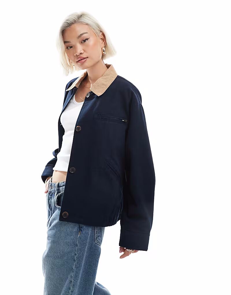 

Куртка-бомбер ASOS DESIGN с воротником цвета верблюжьей шерсти в темно-синем цвете