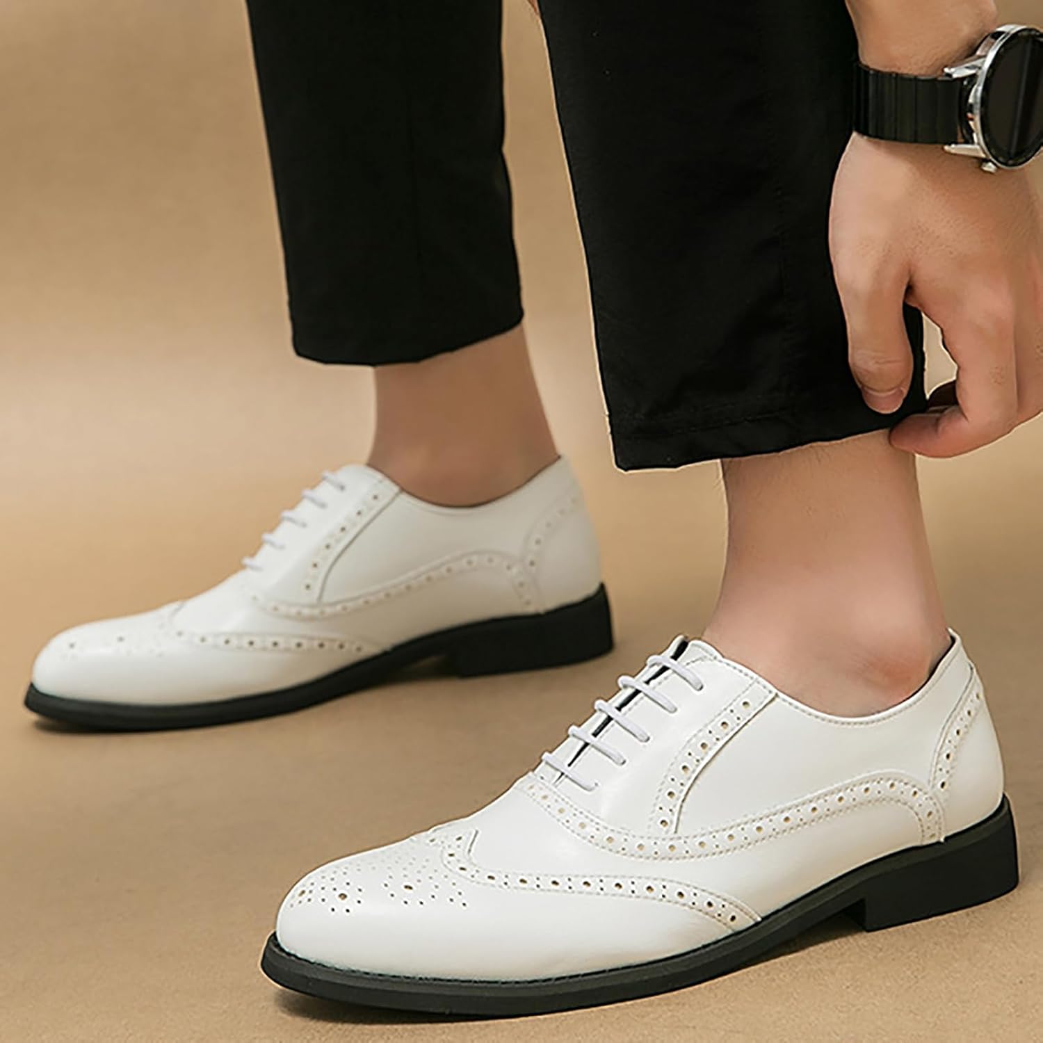 Мужские оксфорды Brogue с крыльями, шнуровкой, классические кожаные с резьбой, удобные, с низким каблуком, дышащие, повседневные деловые туфли Derby в стиле Гэтсби для офиса, прогулок и свадеб Qeosnbx, белый — фото 4