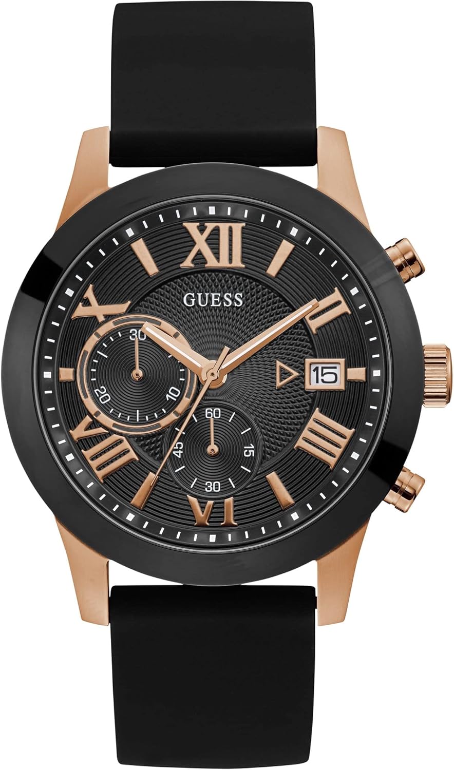 

GUESS Мужские часы на браслете из нержавеющей стали Gunmetal с хронографом, Black/Rose Gold Tone/Black, Позолоченный, GUESS Мужские часы на браслете из нержавеющей стали Gunmetal с хронографом, Black/Rose Gold Tone/Black