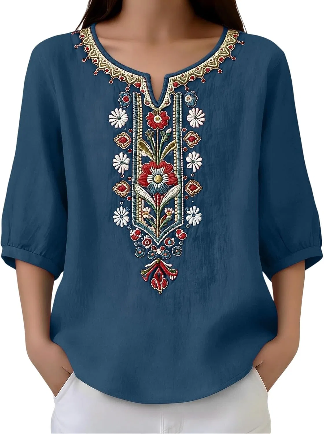 Блуза с вышивкой, 3/4 рукав, V-образный вырез, богемный стиль, 4-dark Blue — фото 4