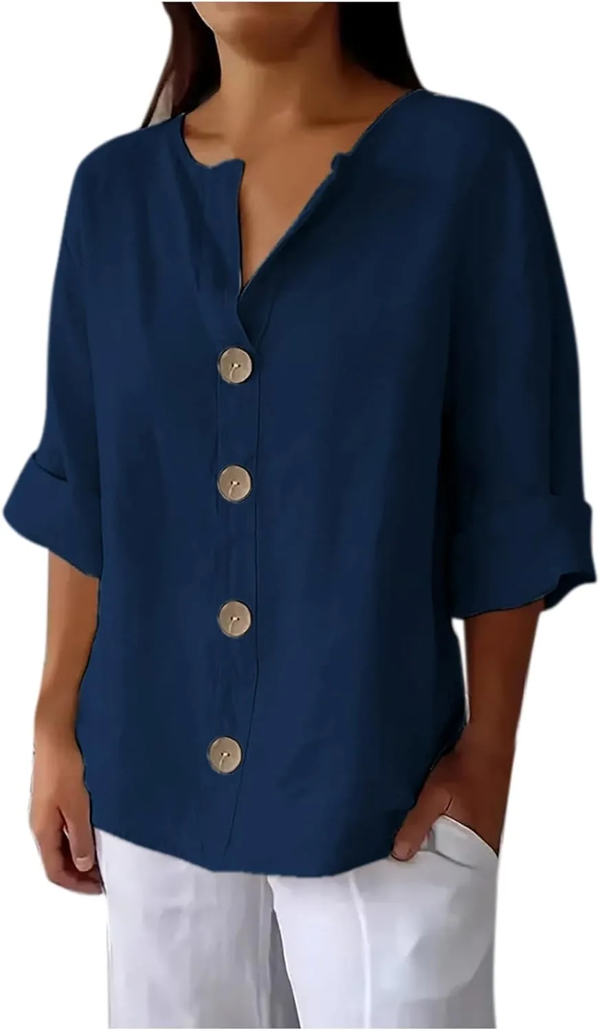 

Женская льняная блузка с V-образным вырезом и рукавом 3/4 Floleo