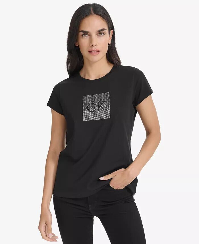 

Женская футболка с круглым вырезом и металлическим логотипом Calvin Klein, черный