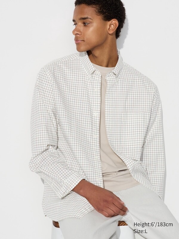 

Рубашка из сукна воротник на пуговицах, клетчатая Uniqlo, белый
