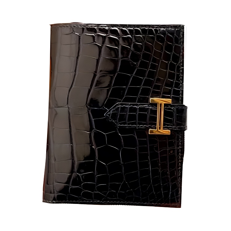 

HERMES Берн полированный кожаный кошелек из крокодила унисекс три отделения цвет макассарский эбен