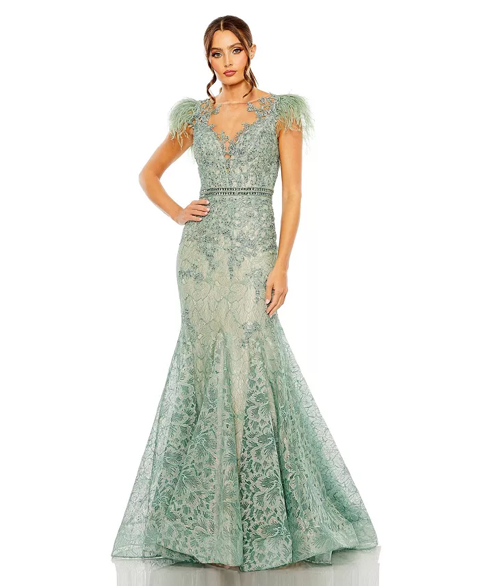 

Платье Women's Embellished Feather Cap Sleeve Illusion Neck Trump Mac Duggal, зеленый