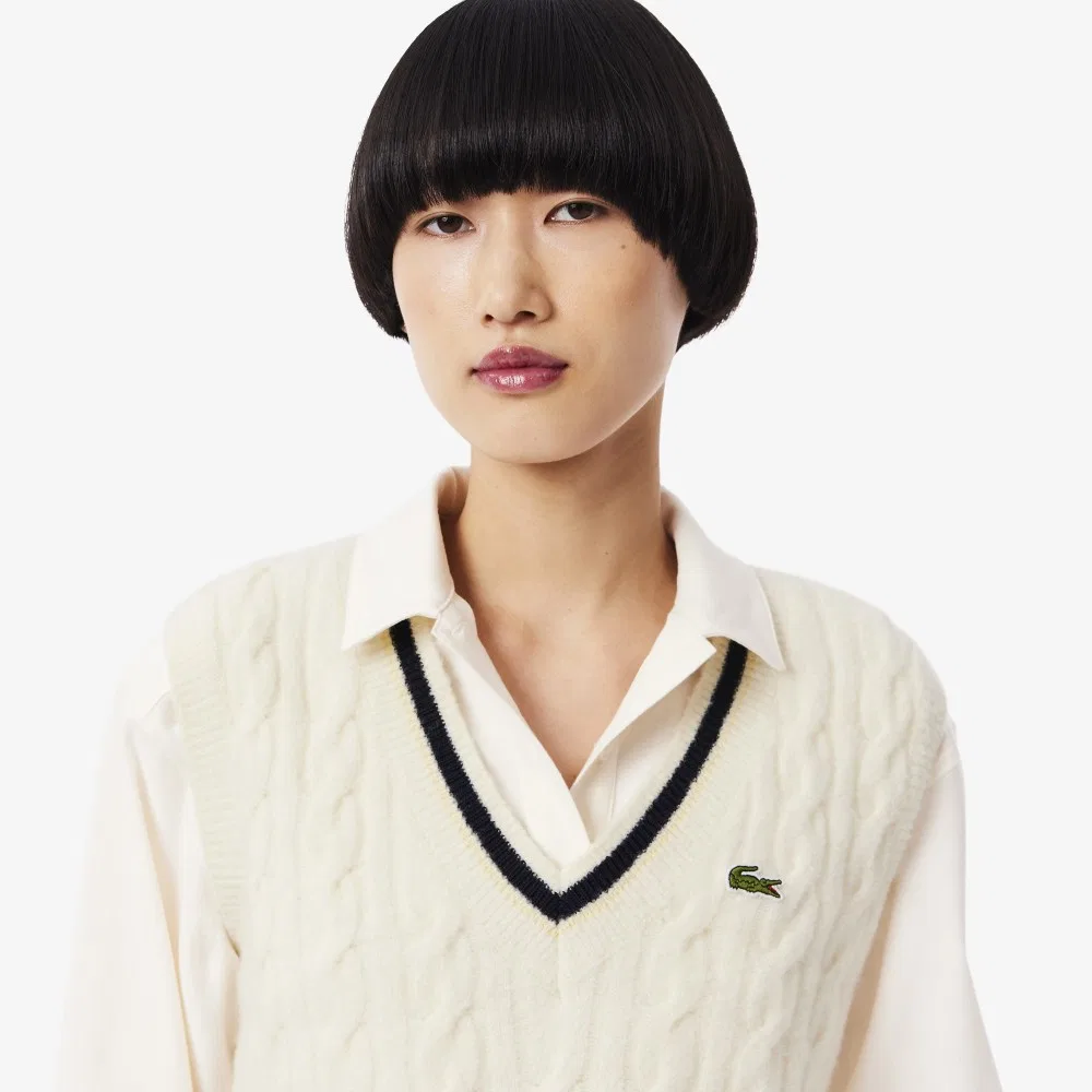 Жилет женский Lacoste Tipping Point, вязаный с косами, кремовый — фото 3