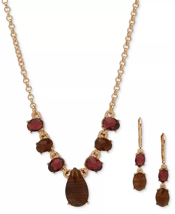

Серьги-Подвески с золотыми камнями и фронтальное ожерелье, 16 дюймов + удлинитель 3 дюйма Anne Klein, burgundy