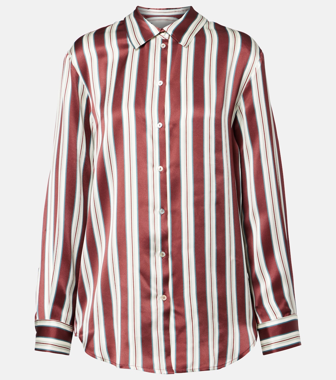 

Пижамная рубашка из полосатого шелкового атласа Asceno, Maroon Fine Stripe