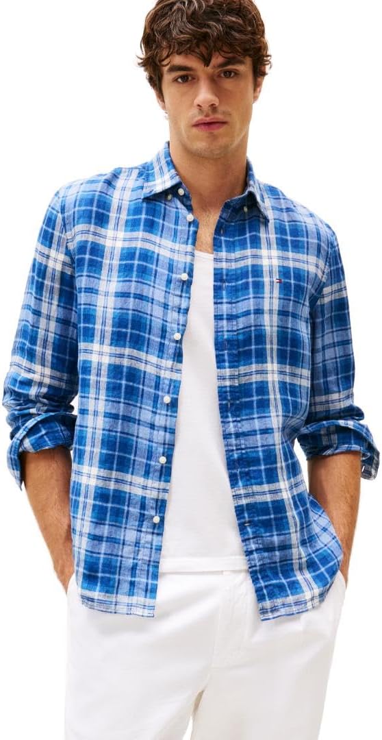 

Мужские повседневные льняные рубашки Tommy Hilfiger с длинным рукавом и застежкой на пуговицы, классический крой, Night Sky / Check