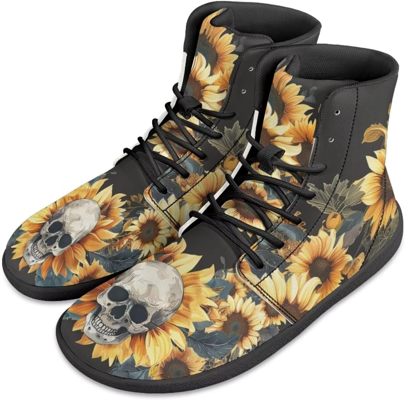 

Мужские босоножки Jeiento Skull, высокие кроссовки из ПУ-кожи для ходьбы, легкие ботинки с широкой носовой частью, шнуровка, беговые кроссовки, Sunflower Flower Skeleton