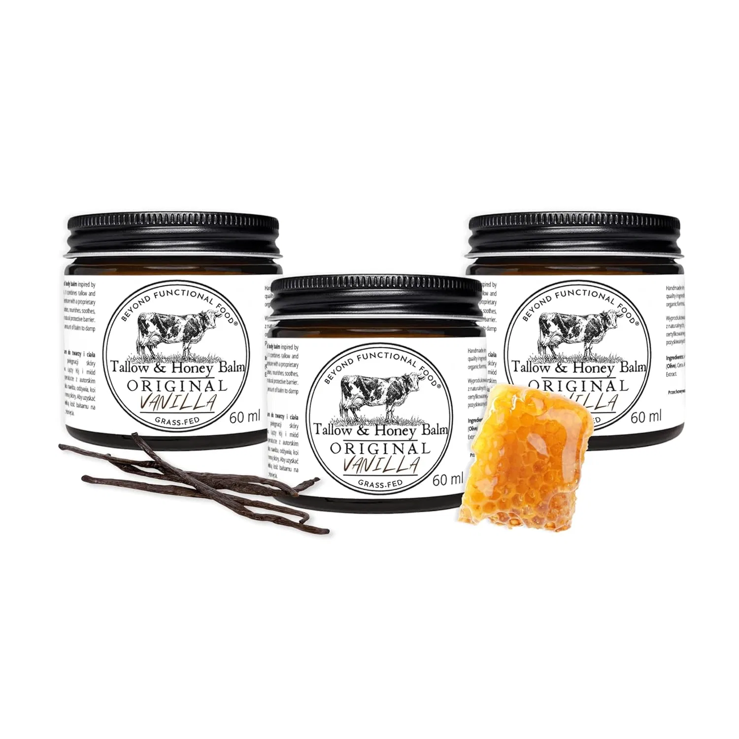 Натуральный бальзам для лица и тела с говяжьим жиром и медом «Vanilla» (3 x 60 мл) Beyond Functional Food