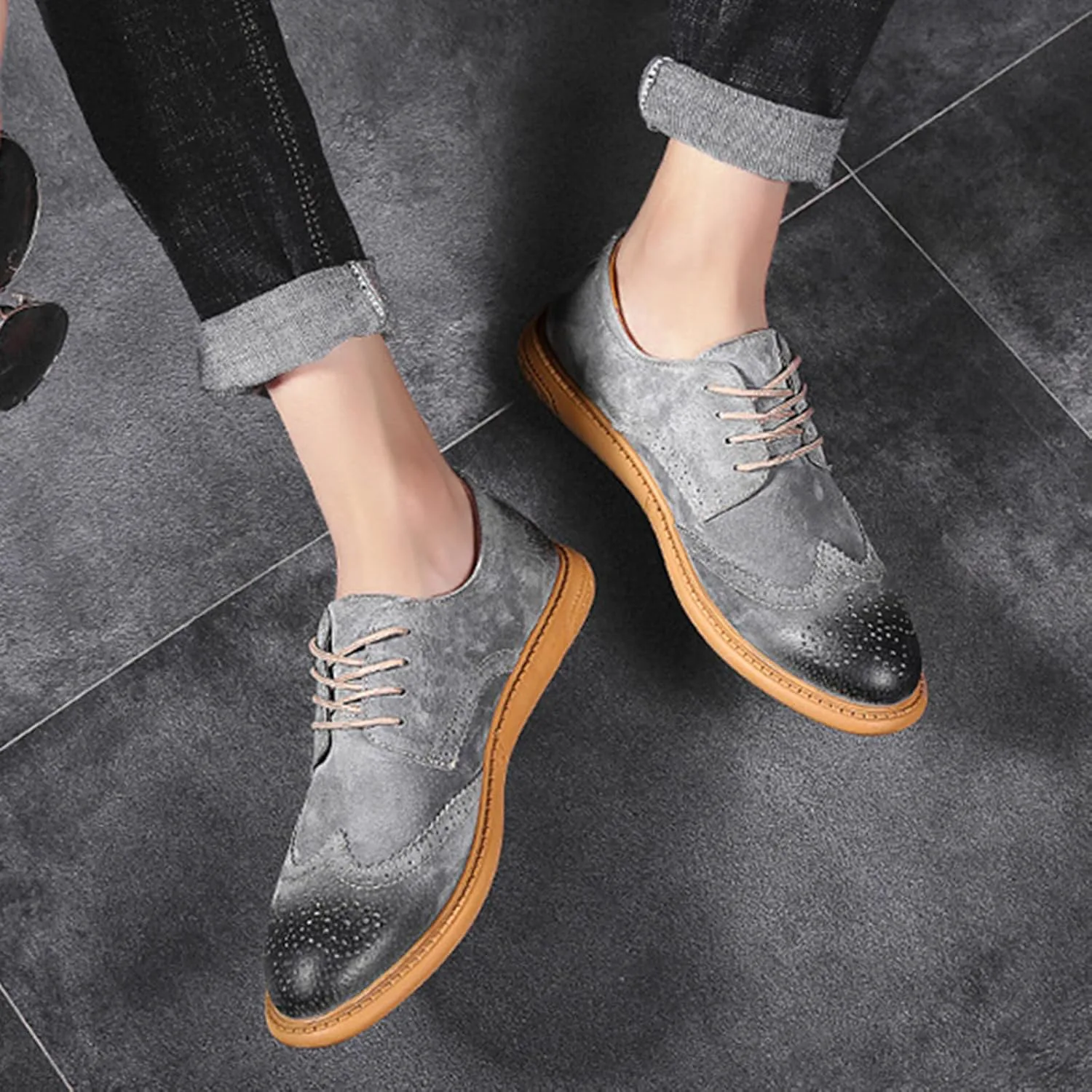 Мужские оксфорды с крыльями Brogue из замшевой кожи, модные туфли с резным рисунком, округлый носок, шнуровка, низкие деловые и повседневные туфли Derby GLBDU, серый — фото 3
