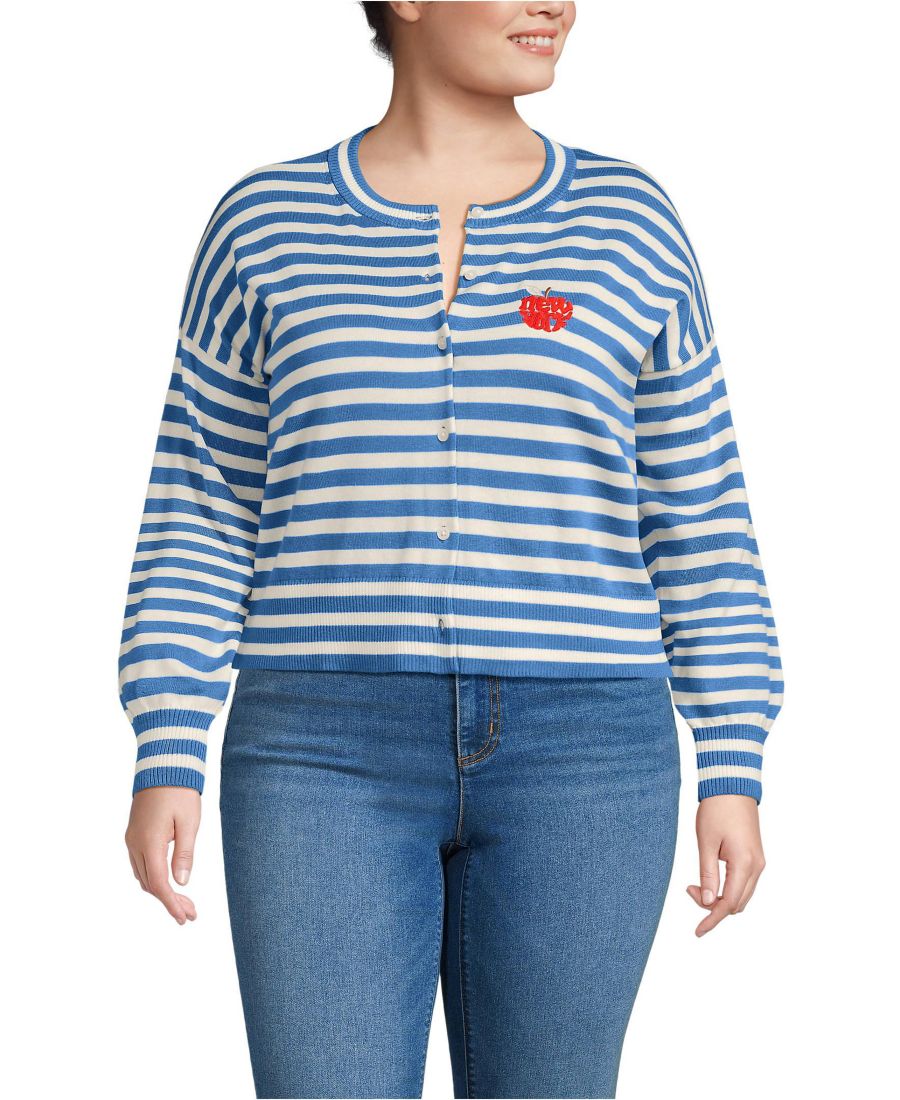 

Укороченный кардиган большого размера из тонкой вязки с круглым вырезом Lands' End, Muted cobalt blue/ivory breton