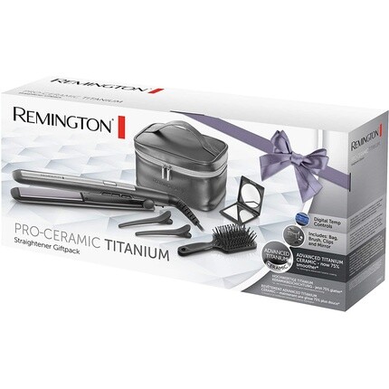 Подарочный набор выпрямителя для волос Pro-Ceramic Titanium с косметичкой, кисточкой, зеркалом для макияжа и заколками для волос - серый, Remington — фото 2