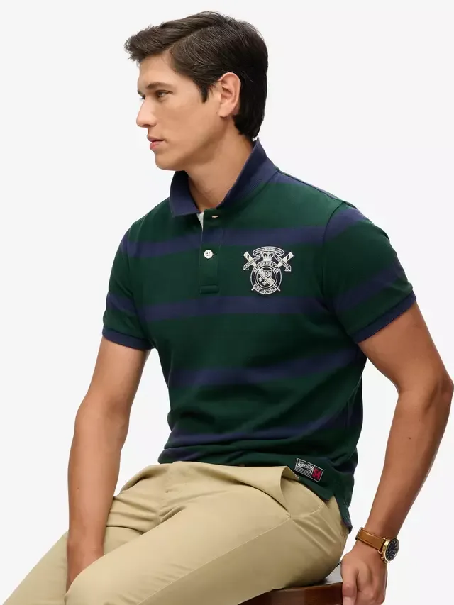 Хлопковая поло-рубашка с коротким рукавом Crest Stripe, зелено-синяя в полоску Superdry — фото 4