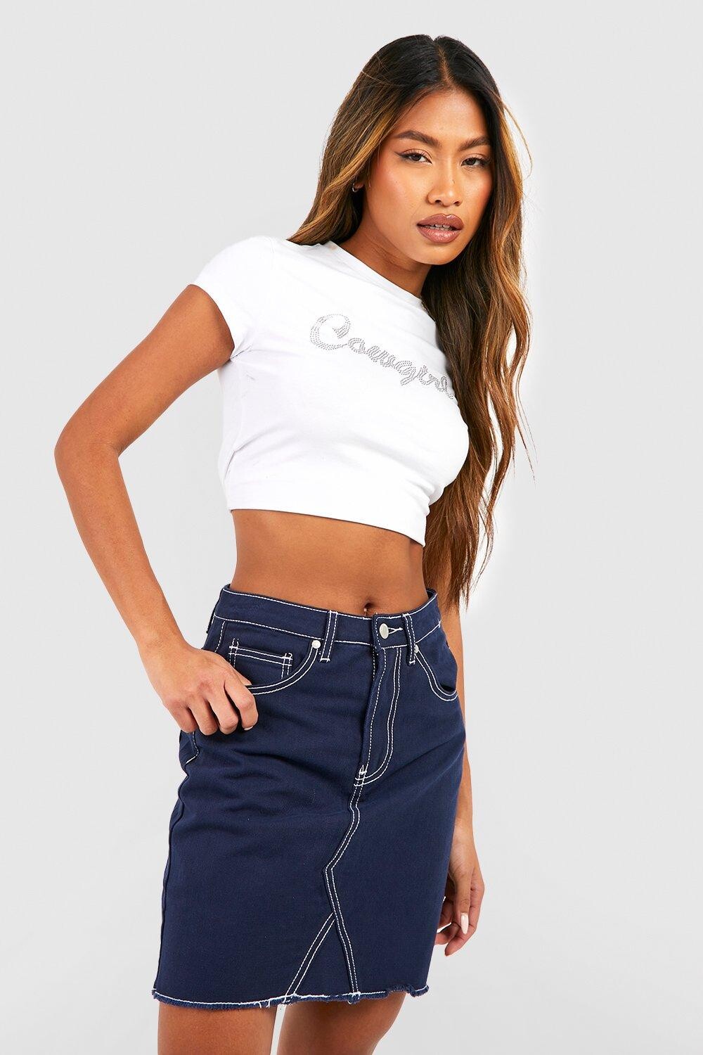 

Джинсовая мини-юбка с отстрочками Boohoo, нави