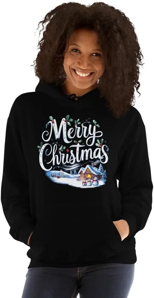 Толстовка Unisex Merry Christmas, футболка с 3D принтом «Снеговик в зимней сказке» Merry Christmas Holiday Wonderland Generic, черный