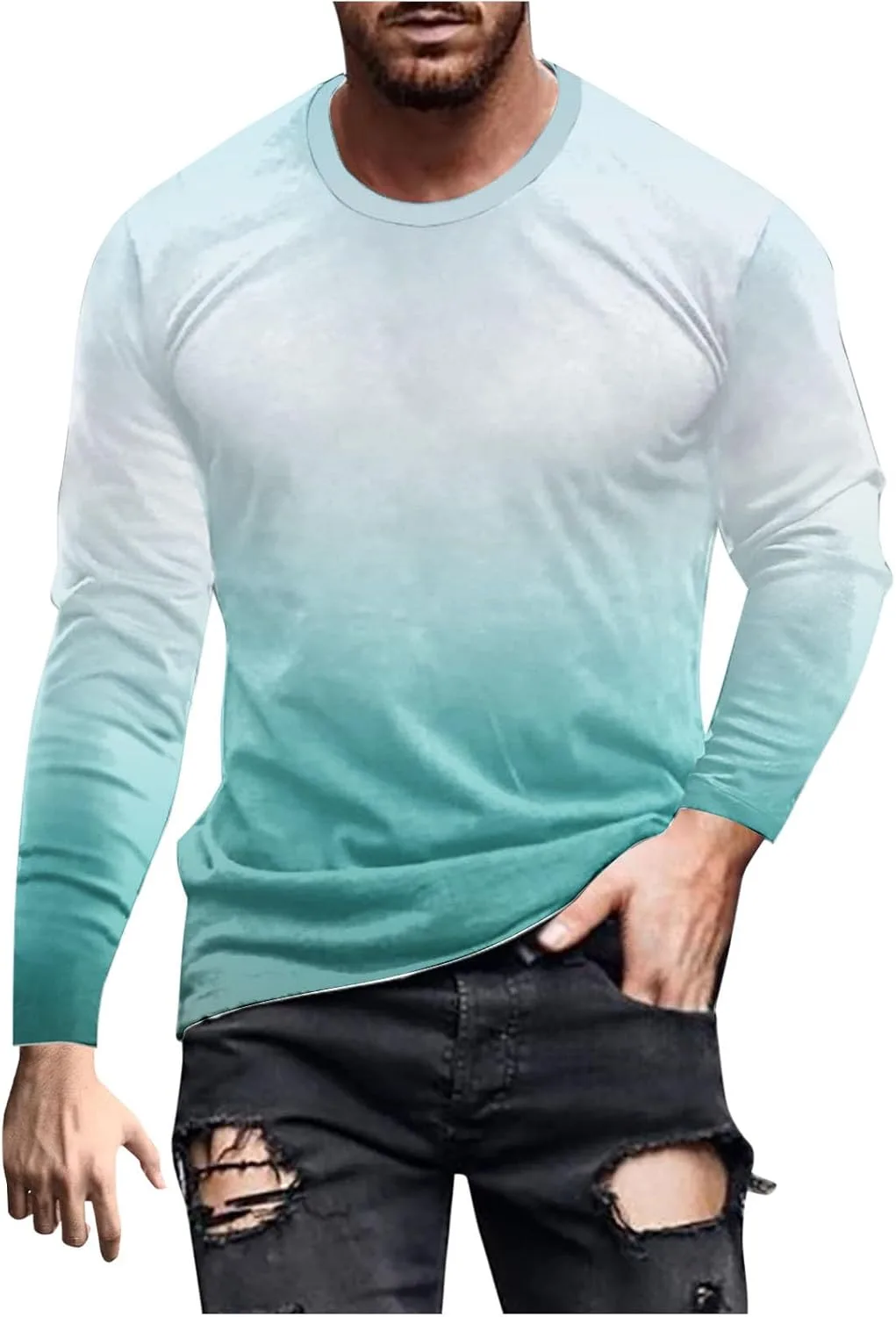 

Мужская футболка с длинным рукавом Slim Fit, круглый вырез, принт тай-дай QUNPIU