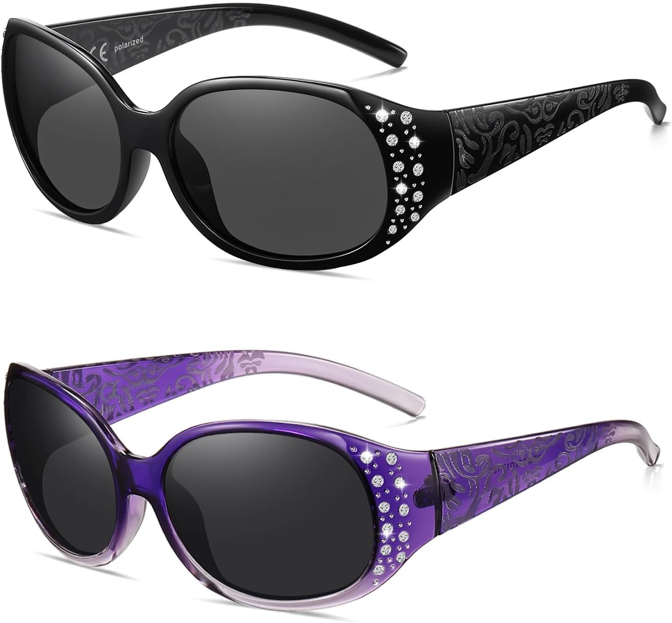 

Женские поляризованные солнцезащитные очки Wzerry, солнцезащитные очки с оправой, украшенные стразами, модные солнцезащитные очки с защитой UV400 для вождения, Black/Grey + Transparent Purple/Gery