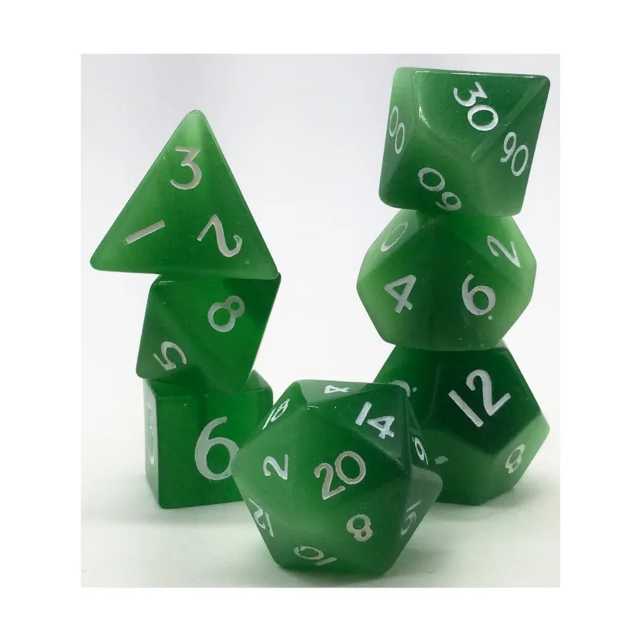 

Набор Poly — кошачий глаз, листовой зеленый с белым (7), Semi Precious Stone Dice (Level Up Dice)