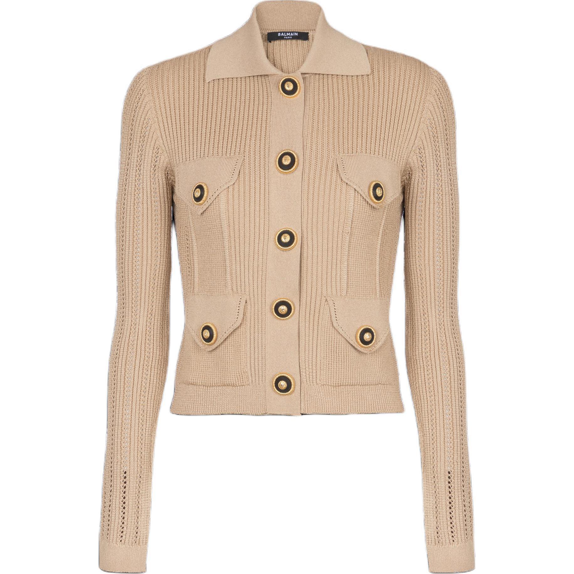 Длинный рукав укороченный вязаный кардиган BALMAIN, бежевый — фото 3