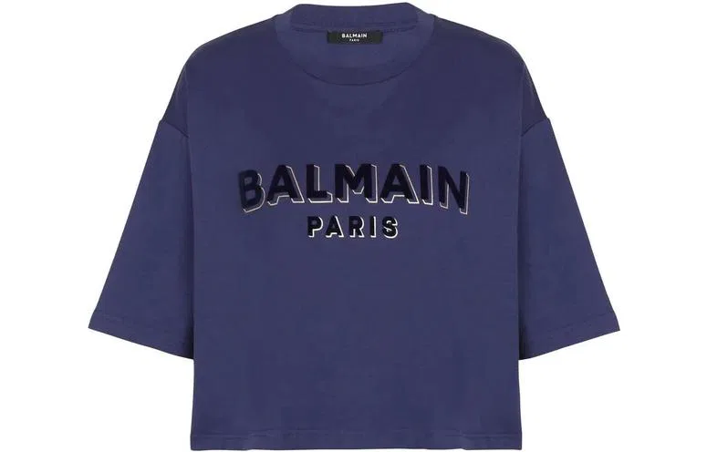 Футболка укороченная с логотипом BALMAIN синяя