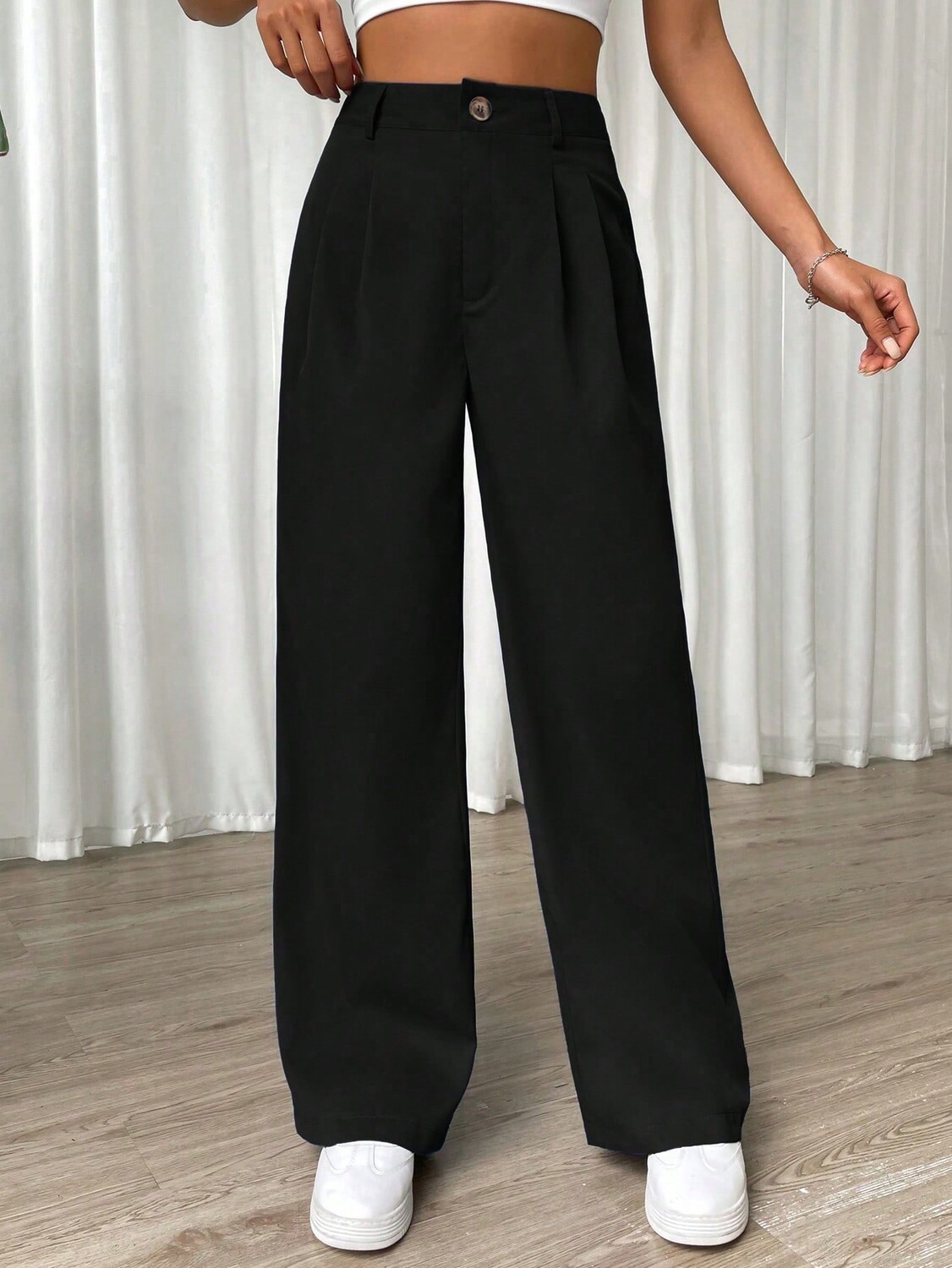 

SHEIN EZwear Брюки, однотонные, широкие штанины, черные, черный цвет