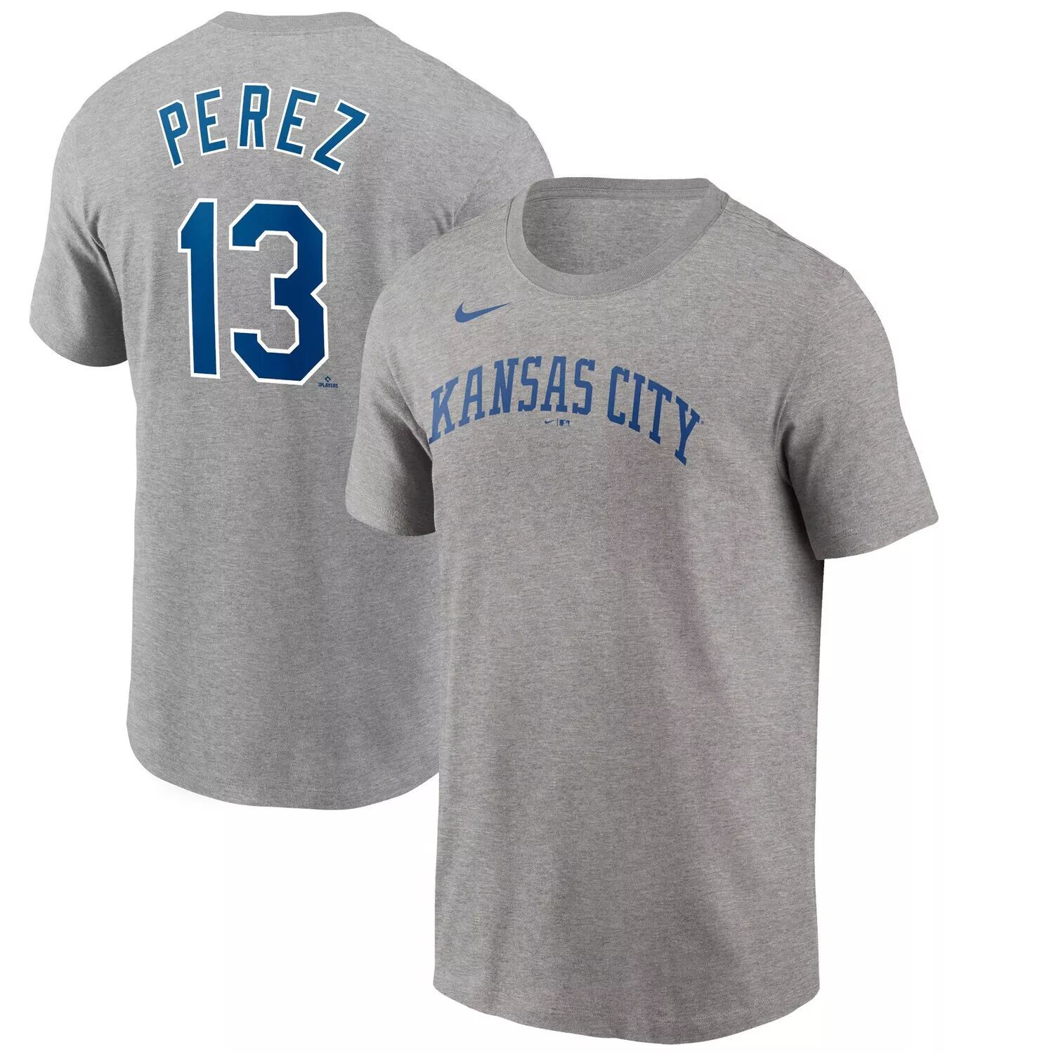 Мужская серая футболка Salvador Pérez Kansas City Royals 2022 с именем и номером Nike