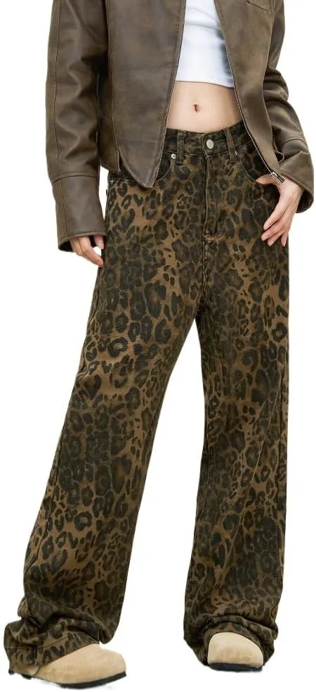

Женские джинсы с леопардовым принтом, прямые, винтажные POHADON