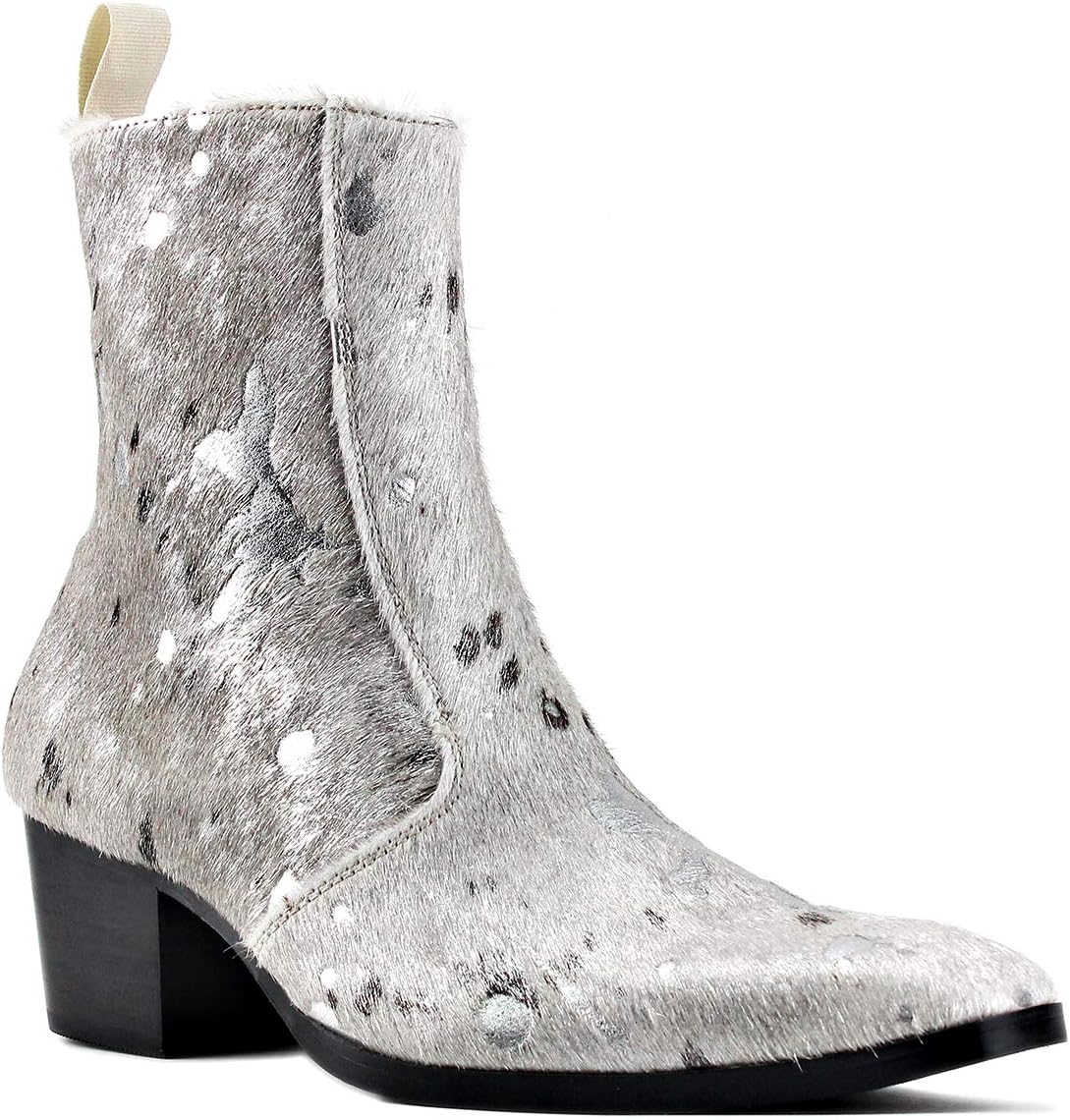 

Мужские ботинки OSSTONE Chelsea на щиколотку из кожи с мехом пони и леопардовым принтом, боковая молния, каблук JY012, серебро