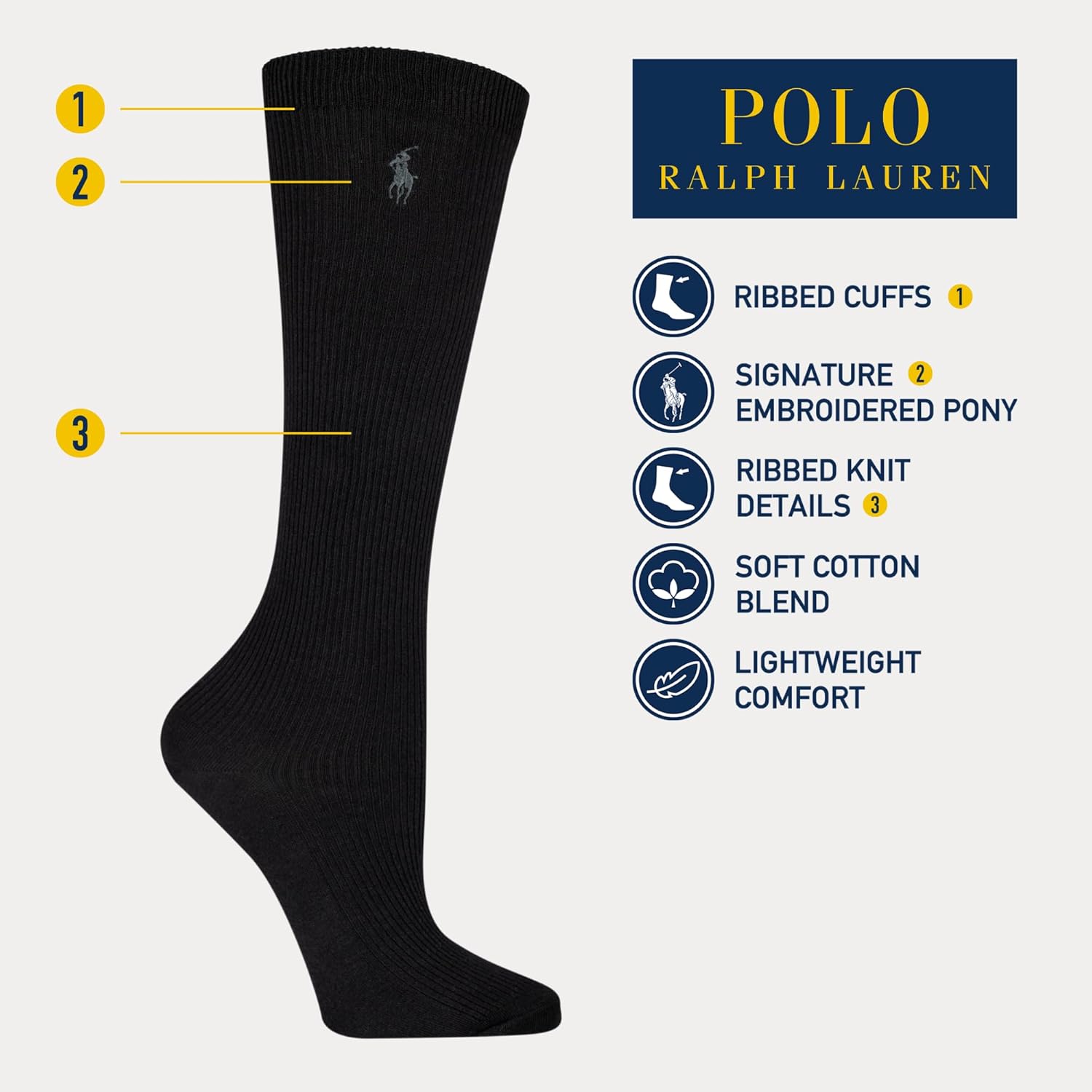 Женские классические ребристые носки до колена POLO RALPH LAUREN - упаковка из 1 пары - хлопок, комфорт, Black — фото 4