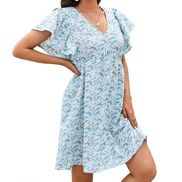 

Женское платье-мини с V-образным вырезом и короткими рукавами в стиле бебидолл Clearflower, Blue Floral