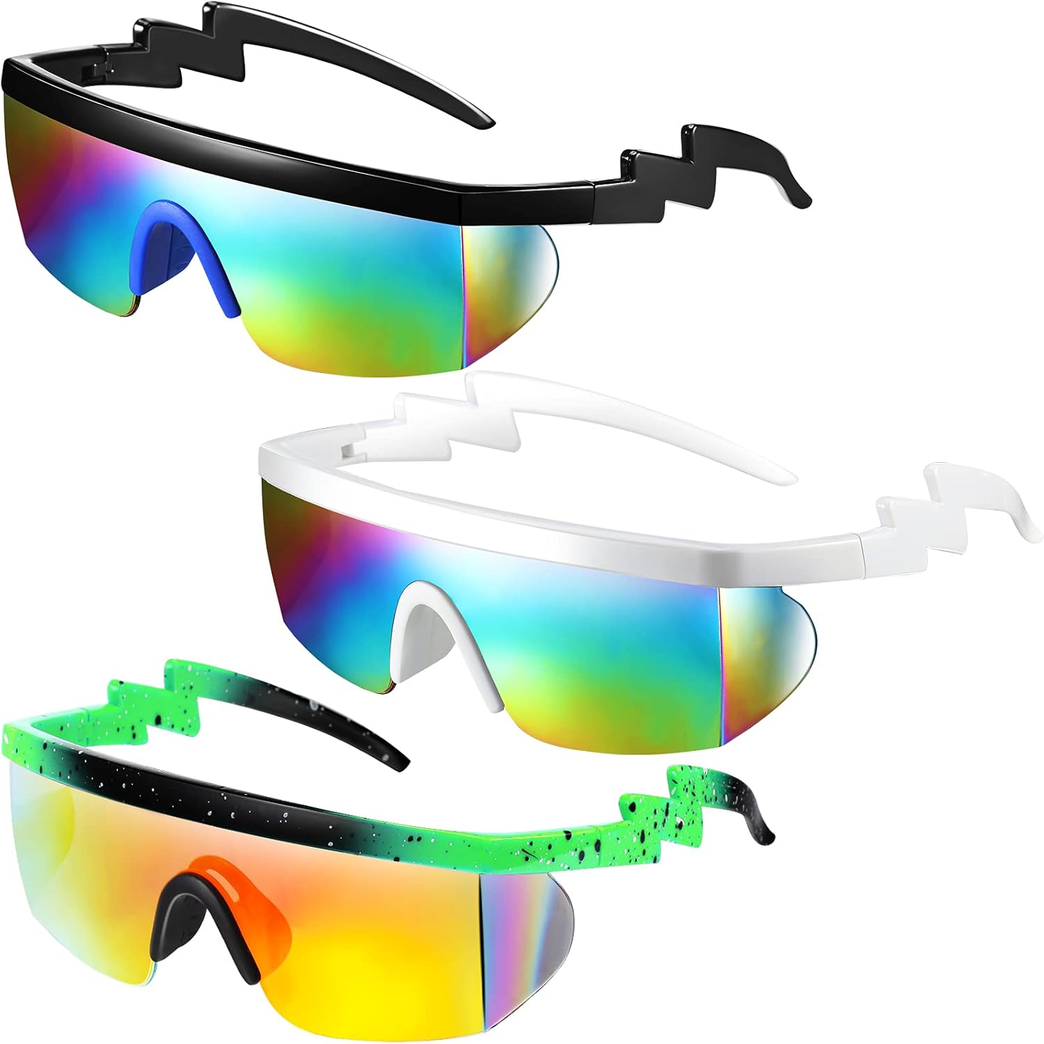 

Frienda 3 пары ретро-солнцезащитных очков без оправы в стиле 80-х и 90-х, зигзагообразные солнцезащитные очки с цветными прозрачными линзами для мужчин и женщин, Elegant Color