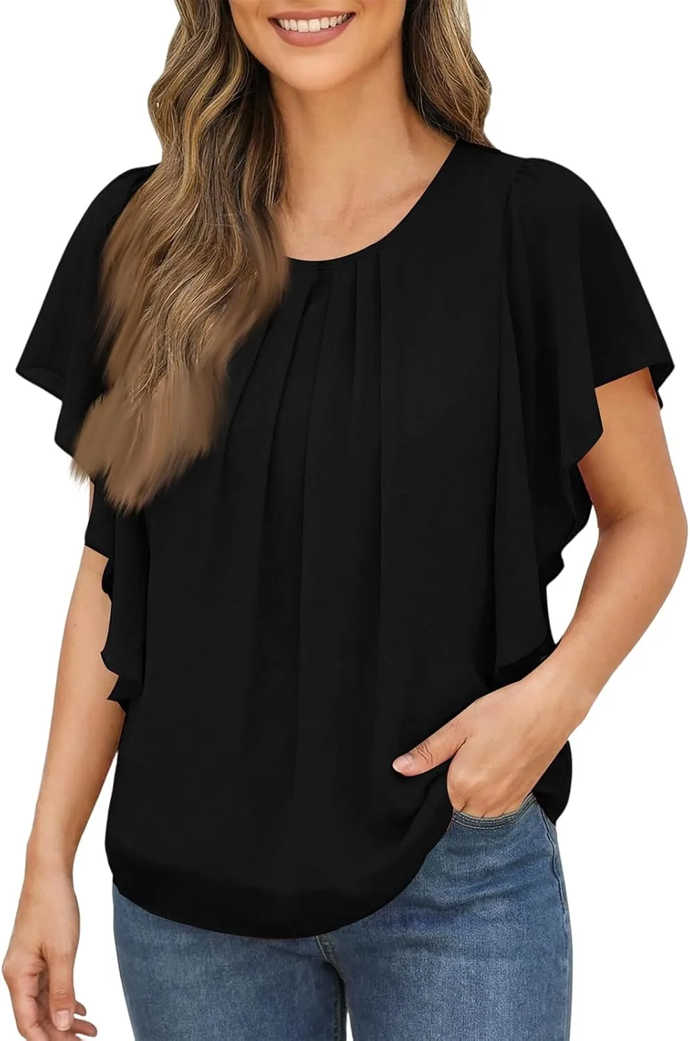 

Короткие рубашки для женщин Chiffon Flowy Tops летние с круглым вырезом FlekmanArt