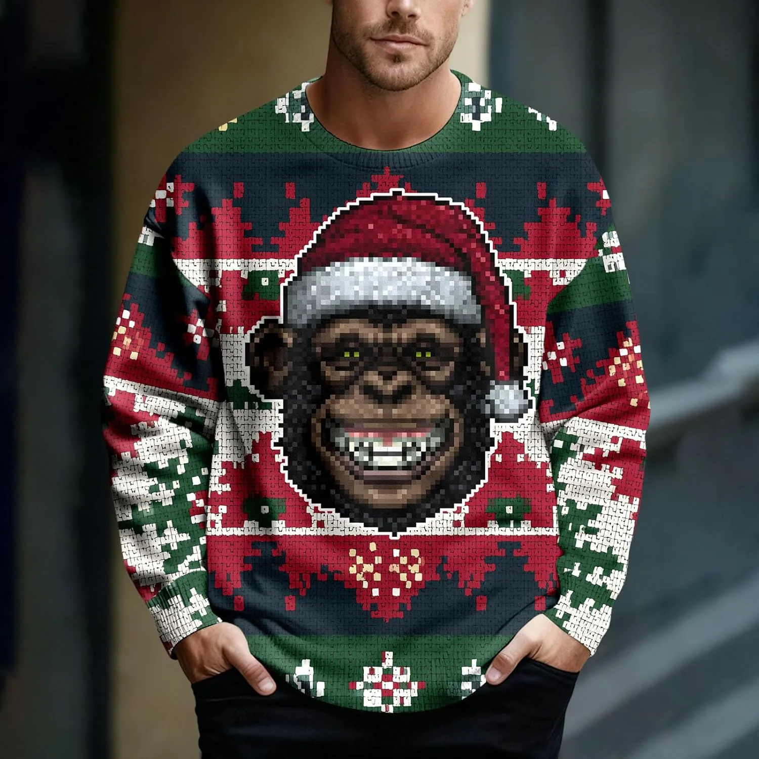 Свитер мужской Ugly Christmas с принтом шимпанзе, свободный крой — фото 3
