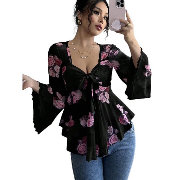 

Женская блузка с длинными рукавами и цветочным принтом Yesfashion, Black