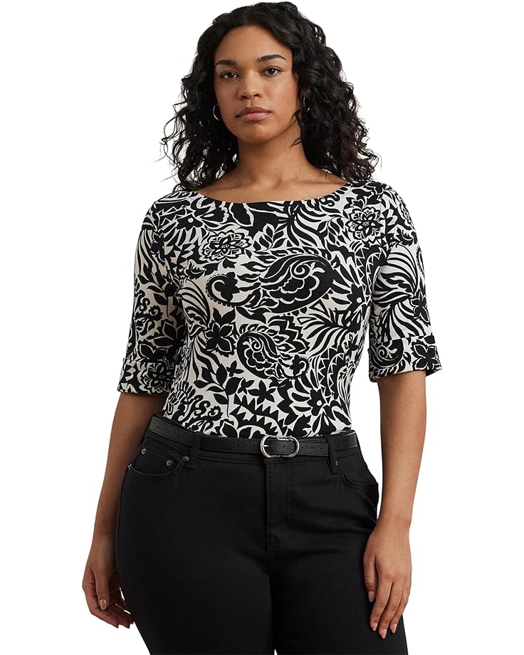

Футболка Lauren Ralph Lauren Plus Size Floral Stretch Cotton Boatneck Tee, цвет Cream/Black