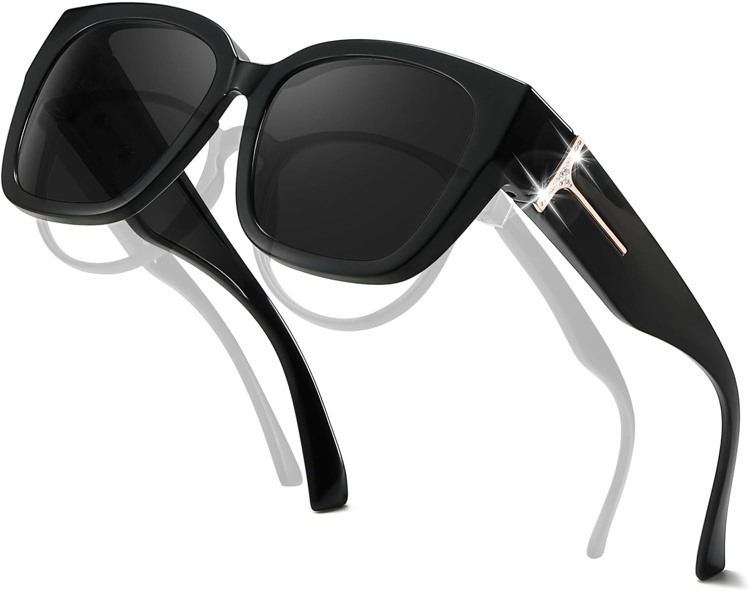 

Поляризованные солнцезащитные очки TJUTR для женщин, надеваемые поверх обычных очков, большие солнцезащитные очки для вождения с декоративными стразами. Дизайнерский стиль, A2 Black/Grey