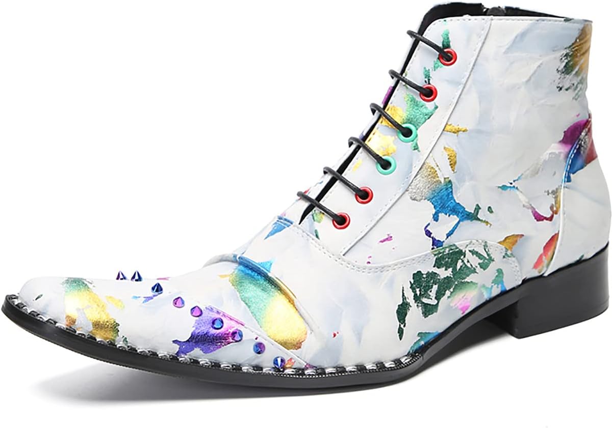 

Мужские вестерн-ботинки Santimon Oxford - повседневные ботильоны из натуральной кожи с боковой молнией и яркими заклепками для свадьбы, вечеринок и диско, белый