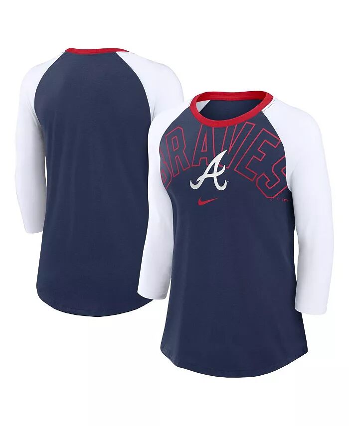 

Женская темно-синяя, белая футболка Atlanta Braves Knockout Arch с рукавом 3/4 реглан Tri-Blend Nike