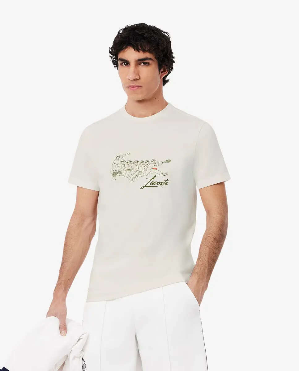 

Мужская классическая теннисная футболка с принтом René Lacoste белого цвета с короткими рукавами, белый