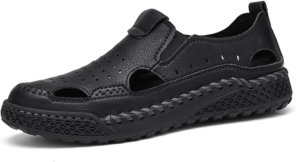 

Мужские повседневные кожаные сандалии с вырезами, дышащие, удобные, с закрытым носком, для рыбалки, летние пляжные прогулочные и водные shoes Asifn, черный