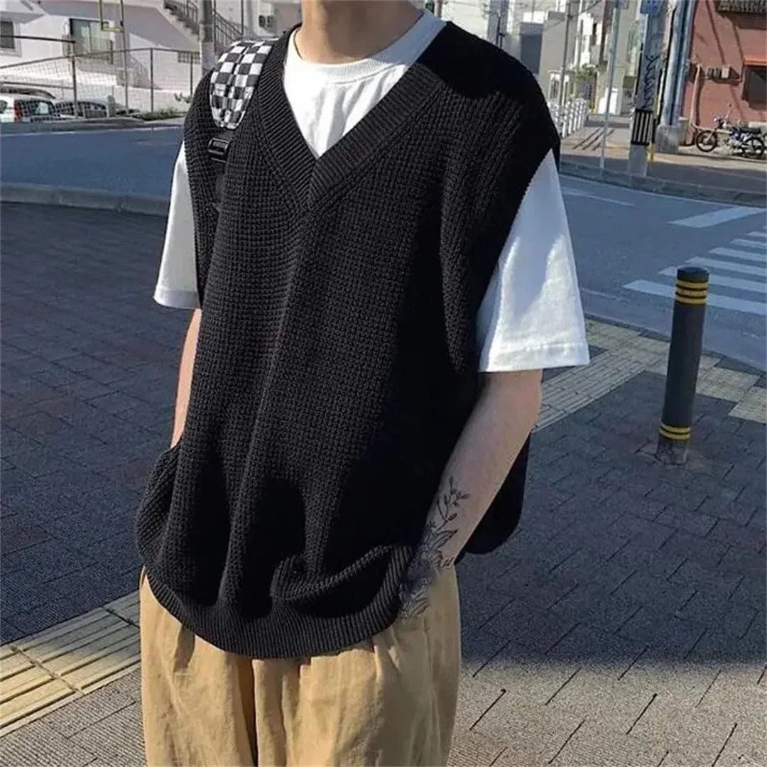 Мужской однотонный жилет с V-образным вырезом, вязаный свитер, однотонный синий, свободный, без рукавов, для весны и осени — фото 3