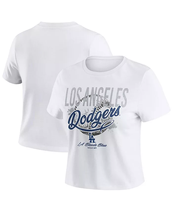 

Женская белая укороченная детская футболка Los Angeles Dodgers с потертостями WEAR by Erin Andrews