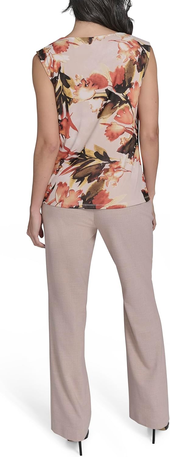 Женский трикотажный топ без рукавов с драпированным вырезом Calvin Klein, Pink Pepper Multi — фото 4