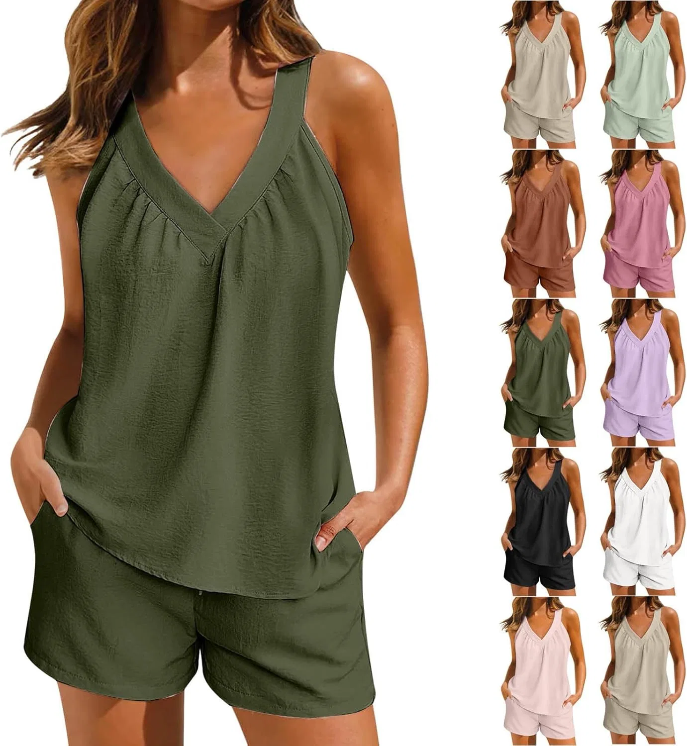 Женский льняной костюм из шорт и топа, R002-army Green