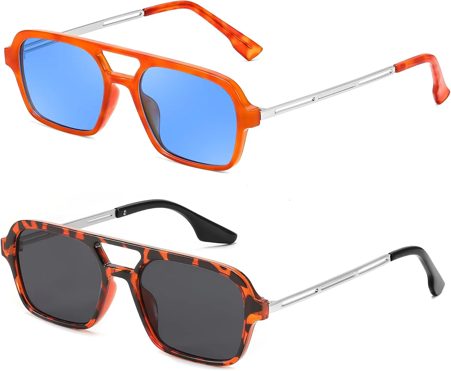

Винтажные квадратные солнцезащитные очки-авиаторы FEISEDY 70-х годов, плоские, металлические, для женщин и мужчин, модель B2752, 2 Pack - Orange/Blue + Leopard/Gray