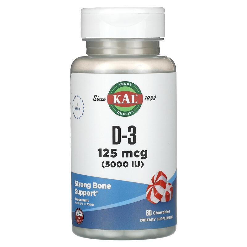 

KAL, D-3, перечная мята, 125 мкг (5000 МЕ), 60 жевательных таблеток